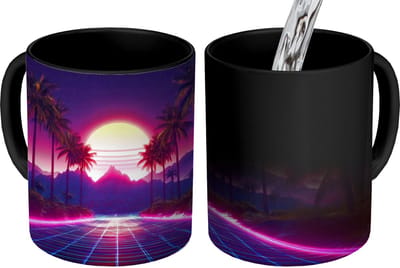 Magische Mok - Foto op Warmte Mokken - Koffiemok - Horizon - Palmbomen - Bergen - Geel - Magic Mok - Beker - 350 ML - Theemok