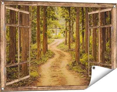 Gards Tuinposter Doorkijk Pad in het Bos met Bomen - 90x60 cm - Tuindoek - Tuindecoratie - Wanddecoratie buiten - Tuinschilderij