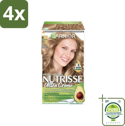 Garnier - Nutrisse Ultra Crème 8 - Haarkleuring - Lichtblond - Intens Voedend - Permanente Kleur - Voordeelverpakking - 4 stuks - Haarverf - Blonde haarkleur