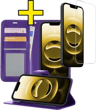 Hoesje - Met Screenprotector - Geschikt voor Apple iPhone 16e - Luxe Pasjeshouder - Bookcase Portemonee - Flip Case - Kunstleer Book Case - Flipcase - Book Cover - Walletcase - Portemonneehoes - Telefoonhoesjes - Paars
