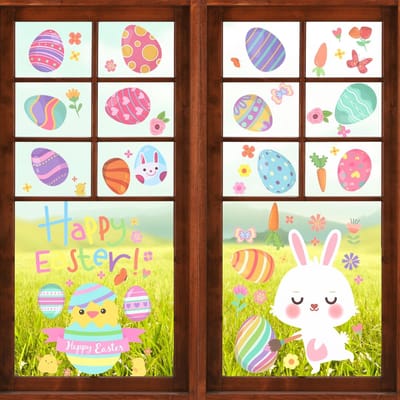 Dailygoods- Paasraamstickers 9 Vellen - Niet-klevend - Dubbelzijdig - Kleurrijke Eieren/Wortel/konijn - PVC/Papier - 20x30 cm - Raamdecoratie