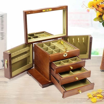 Houten Sieradenkist - Juwelendoos Opbergdoos - Sieraden Organiseren - Grote Capaciteit Met Spiegel - 26x17.5x19.5 cm - Bruin