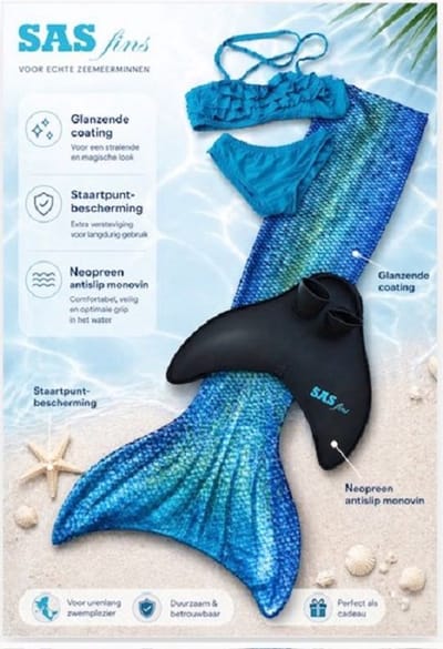 Zeemeerminstaart set Oceans Splash | Extra smalle taille | Met Shine coating & slijtvaste staartpunten. Maat 116/122
