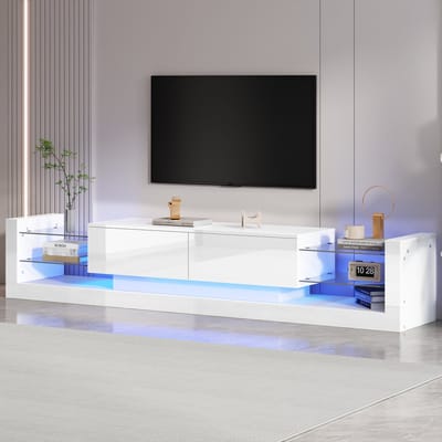 MODENUIT Tv-Meubel - Hoogglans Kast Met Led, Glasfront En Kleplades - Voor Woonkamer - Spaanplaat Wit - 181x38x38 Cm