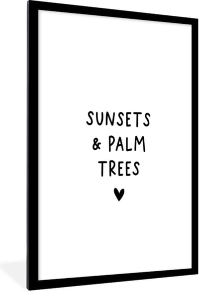 Fotolijst incl. Poster - Engelse quote "Sun & palm trees" met een hartje op een witte achtergrond - 80x120 cm - Posterlijst