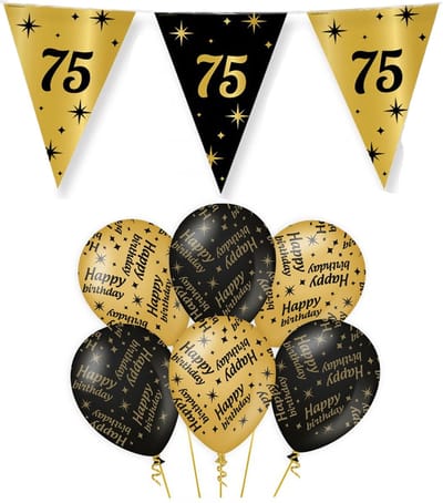 75 jaar verjaardag versiering pakket zwart/goud vlaggetjes/ballonnen