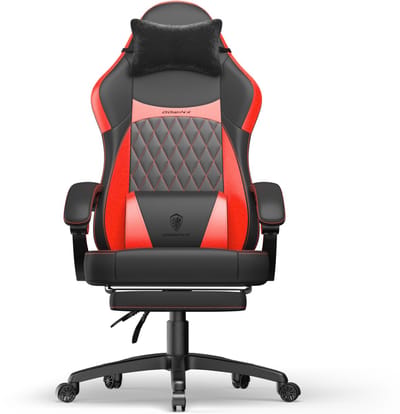 Dowinx Ergonomische Bureaustoel / Gamingstoel – Met Massagefunctie – Met Voetensteun – Voor Thuiswerken En Gamen – Pocketveren Zitkussen – Dubbel gevoerde Rugleuning & Verstelbaar Lendenkussen – Met Armleuningen en Voetensteun – Zwart/Rood
