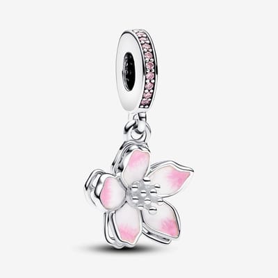 Fler® | Bedel | Past op populaire bedelarmbanden (standaard - 3mm) | Kersenbloesem Bedel | Hangbedel Bloem Charm | 925 sterling zilver | Roze zirkonia | Roze emaille | Armband Kraal | Valentijnsdag Cadeau | Sinterklaas kado | Kerstcadeau | Verjaardag