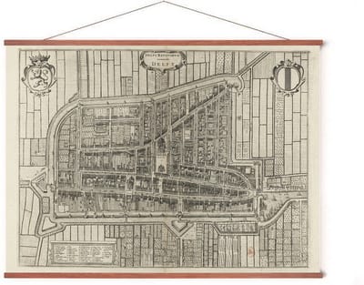 Poster In Posterhanger - Historische Oude kaart Delft - 50x70 cm - Kader Hout - Ophangsysteem - Vintage Plattegrond