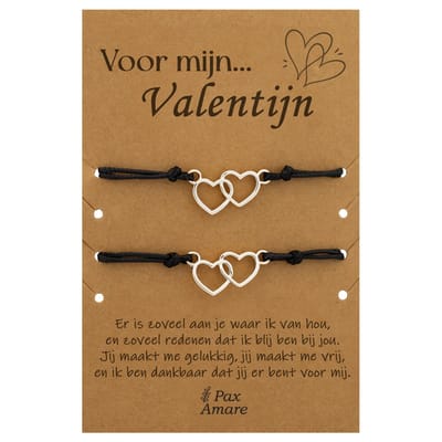 Koppel Armbandjes voor 2 "Voor Mijn Valentijn" - Verbonden Hartjes - Vriendschapsarmbandjes met Persoonlijk Cadeau Kaartje - Zilverkleurig - Elastisch Verstelbaar - Pax Amare