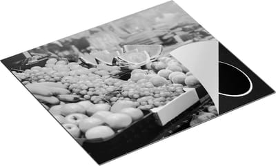 Chefcare Inductie Beschermer Vers Fruit op de Markt - Zwart Wit - 60x50 cm - Afdekplaat Inductie - Kookplaat Beschermer - Inductie Mat