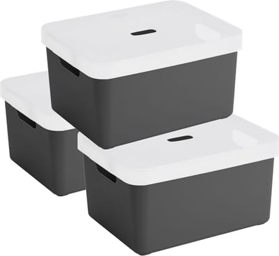 Sunware opbergbox - 3x stuks - 32 liter - antraciet - kunststof - transparante deksel - 45x35x24 cm - Sigma serie