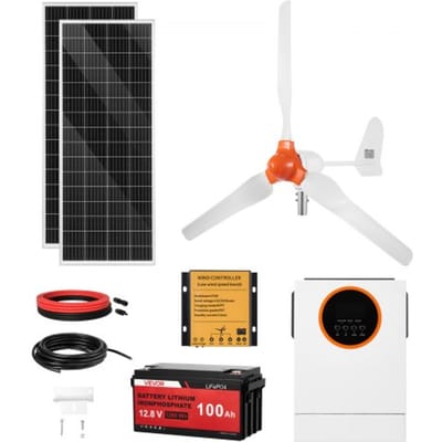 VEVOR 12V 600W hybride zonne-windenergiekit, inclusief 2 x 100W mono zonnepanelen, 400W windturbine met controller, 1000W hybride zonne-omvormer en 12,8V 100Ah LiFePO4-accu. Ideaal voor thuisgebruik, auto en camper.