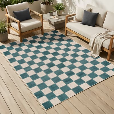 Tapiso Checker Buitenkleed Weerbestendig Buitentapijt Balkon Tuin Terras - Wasbaar UV-bestendig Slijtvast Balkontapijt Indoor Outdoor Tapijt Crème Turkoois 80x150