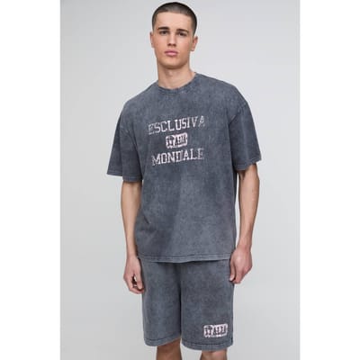 Oversized Loopback Gewassen Italia Bedrukte Short Set | Charcoal | Size XS