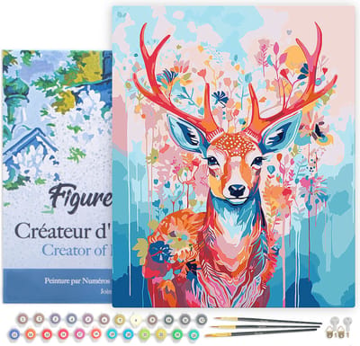 Figured'Art Schilderen op Nummer Volwassenen met lijst Kleurrijke Hert in Bloei - Handwerk acrylverf Kit DIY Compleet - 40x50cm Canvas al ingelijst
