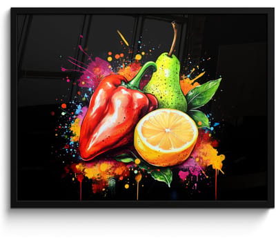 Poster in lijst - Fotolijst 70x50 cm - Posters - Paprika - Peer - Citroen - Graffiti - Verf - Abstract - Posterlijst zwart - Decoratie - Wanddecoratie woonkamer - Muurdecoratie slaapkamer