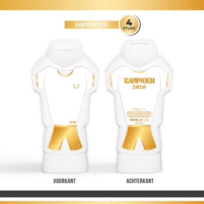 Douchegel "Kampioen 2026" - 4 stuks - Triomf Cosmetica | Showergel Sport Voetbal Hockey Volleybal Korfbal Rugby IJshockey 1ste Plaats Prijs Winnaar Toernooi Cadeau Klein Cadeautje Landskampioen Tenue fles Champ Shirt Wit Goud