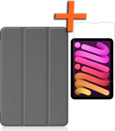 Hoesje - Geschikt voor Apple iPad Mini 6 (2021) - 8.3 inch - 6e Generatie - Met Screenprotector - Trifold Bookcase - Hard Cover - Hardcover Book Case - Tablet Hoes - Grijs