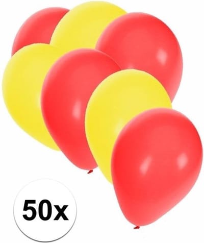 50x stuks ballonnen - geel en rood - ronde knoopballonnen - versiering - feestartikelen - kleurenmix