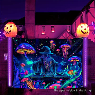 Tovenaar Dj Kwallen Paddenstoel Fluorescerende Wandtapijt Halloween UV Zwart Licht Kamer Decoratie Wanddecoratie Feestdecor Achtergronden 40x60 cm pink