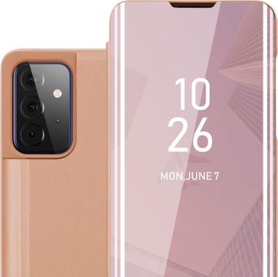 Cadorabo Hoesje geschikt voor Samsung Galaxy A72 4G / 5G in KUNZIET ROZE - Clear View Spiegel Beschermende Case met Tribunefunctie 360 Graden Bescherming Book Case Cover Etui