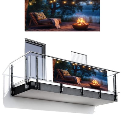 Balkonscherm 300x120 cm - Balkonposter Kampvuur - Meer - Avondlicht - Balkon scherm decoratie - Balkonschermen - Balkondoek zonnescherm