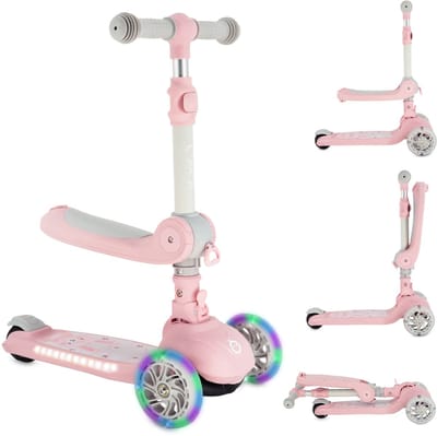 MoMi DEBE - 2-in-1 Kinderstep met Zitje - Opvouwbaar - LED Wielen - Verlicht Deck - Roze