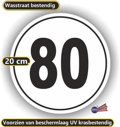 Jerma - Snelheid - 80 km/h - Sticker - Ø 20 cm - Zwart-Wit - Zelfklevend - Vinyl - Weerbestendig