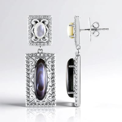 Cavill - 925 Sterling Zilver Oorbellen - Witte Kwarts & Parelmoer - 0,907 ct Zirkonia - Elegant Dubbel Hangend - Luxe 40 mm