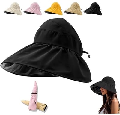 Daity 1-Pack - Zonnehoed dames - Buiten UV-bescherming Holle bovenkant zonnehoed - Brede rand Paardenstaartgat Strand Zomerhoed (zwart)