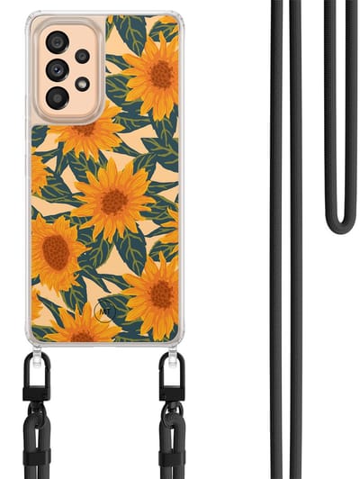 Hoesje met koord geschikt voor Samsung Galaxy A52 5G - Zonnebloemen - Inclusief Zwart koord - Crossbody beschermhoes - Transparant, Oranje - Mooie Telefoonhoesjes