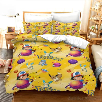 Pokemon Beddengoed Set Cartoon Anime Kinder Slaapkamer Dekbedovertrek Jongen Meisje Beddengoed Enkel Dubbel King Pikachu Dekbedovertrek Cadeau AU Single(140*210cm)3pcs