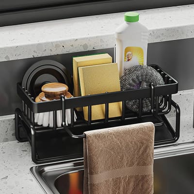 Multifunctionele 2-in-1 Keukenspoelbak Organizer - Zwart, Geen Boren, Droogrek en Sponshouder