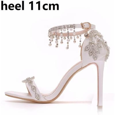 Sandales d'été blanches pour robe de mariée, chaussures à bout ouvert, talons hauts, brides à la cheville en strass 36 white