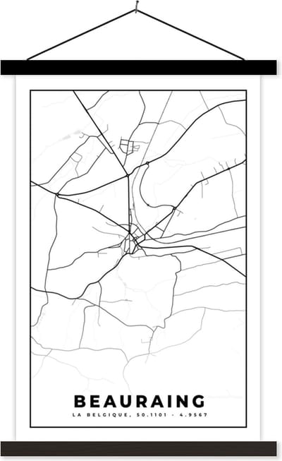 Posterhanger incl. Poster 40x60 cm - Schoolplaat - België – Beauraing – Stadskaart – Kaart – Zwart Wit – Plattegrond - Textielposter - Zwarte latten - Stadskaart