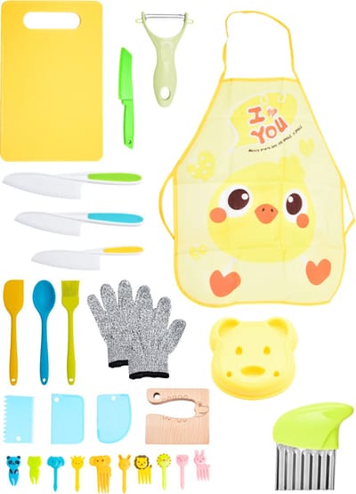 Nuvance Kindermessenset - 27-Delig - Kindermessen met Snijplank Schilmesje Kindermes Frietsnijder & schort - Koken voor Kinderen
