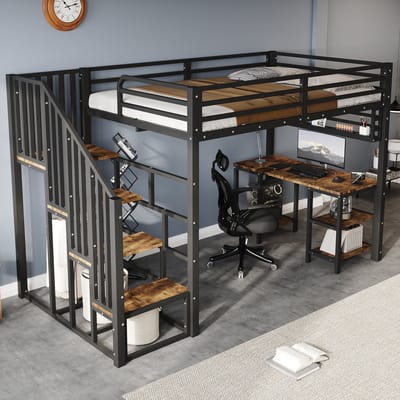 MODENUIT Hoogslaper 120x200 cm – Bureau en Opbergrek – Trap met Leuning – Zonder matras – Metaal Hout – Zwart