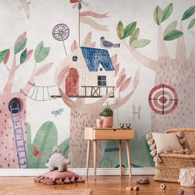 Fotobehang Profhome 399061-GU vliesbehang hardvinyl warmdruk in reliëf glad met kinder patroon mat beige bruin groen blauw 3,71 m x 2,8 m