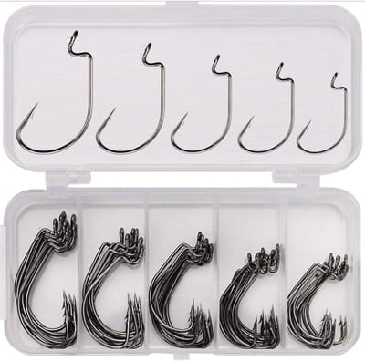 Thijox - 50 Stuks Vishaken Hoge Koolstofstaal Worm Zachte Aas Jig Vishaken met Plastic Doos - Scherpe Vissen Haken voor Zoet- en Zoutwater, Compact en