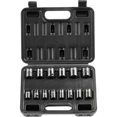 VEVOR 3/8-inch slagdoppenset, 14-delige platte doppenset metrisch 7-20 mm, 6-punts Cr-Mo-gelegeerd staal voor autoreparatie, gemakkelijk leesbare maatmarkeringen, robuuste constructie, inclusief opbergkoffer