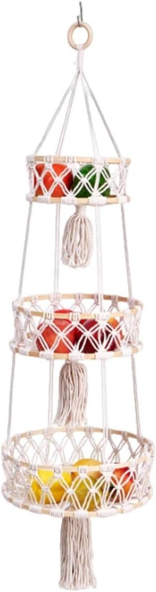Fruitmand Macramé - Fruithanger Boho - Keuken Organiseren - Katoenen Touw - 3 Lagen 110 cm - Niet gespecificeerd