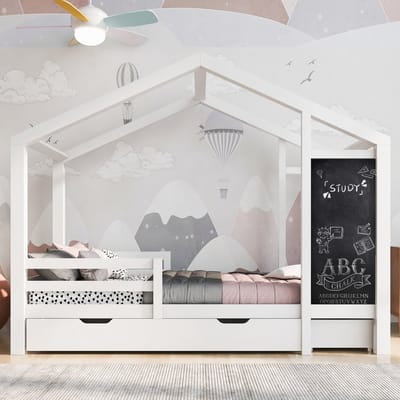 Huisbed kinderbed met schoolbord en 2 lades - Kinderslaapkamer 90x200 cm - Wit - 3-zijdige valbeveiliging - Massief grenenhout - Lattenbodem inbegrepen - 120 kg draagvermogen