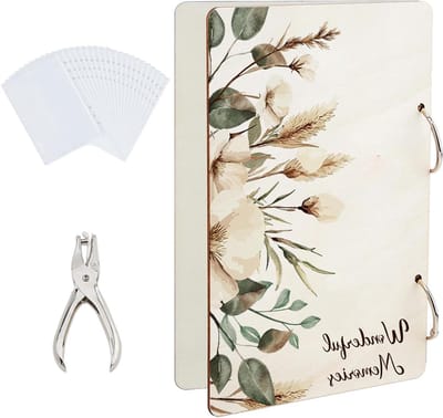 Wenskaart Organizer - Kaarthouder Binder - Herinneringen Verzamelen - Bloemen Bladeren Design - 24x16cm - Houtkleur