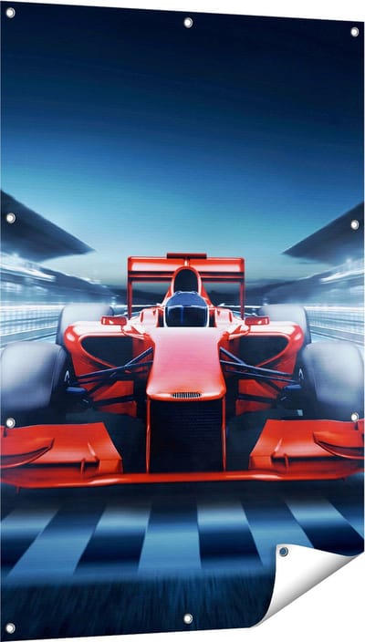 Gards Tuinposter Formule 1 Auto bij de Finish - Rood - 80x120 cm - Tuindoek - Tuindecoratie - Wanddecoratie buiten - Tuinschilderij