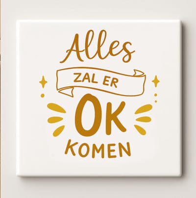 Decoratieve Keramische Tegel “Alles Zal Er Oké Komen” – Positieve Quote Wanddecoratie voor Thuis – 15 × 15 cm