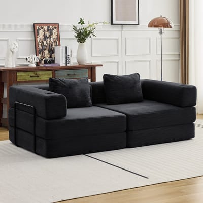 Multifunctionele Corduroy Slaapbank-Vaste Framebank–Opvouwbaar met 2 Kussens en Armleuningen–Comfortabel 2-in-1 Ontwerp–Geschikt voor 2 Personen–Te Gebruiken als Bank, Ligstoel en Logeerbed–Ideaal voor Appartementen of Kleine Ruimtes–Zwart