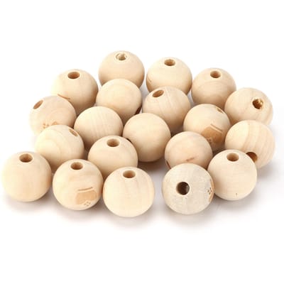 Lot de 20 perles rondes en bois à motifs mignons avec trou pour loisirs créatifs et graffitis beige
