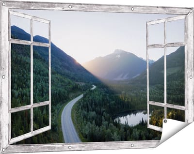 Gards Tuinposter Doorkijk Weg Door het Bergen Landschap - 120x80 cm - Tuindoek - Tuindecoratie - Wanddecoratie buiten - Tuinschilderij