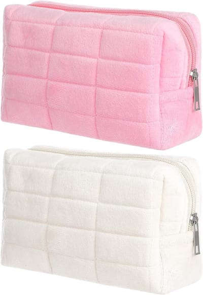 Kleine Pluche Make-up Tasjes voor Lippenstift, Make-up Kwasten en Huidverzorging - Set van 2 (Wit, Roze)